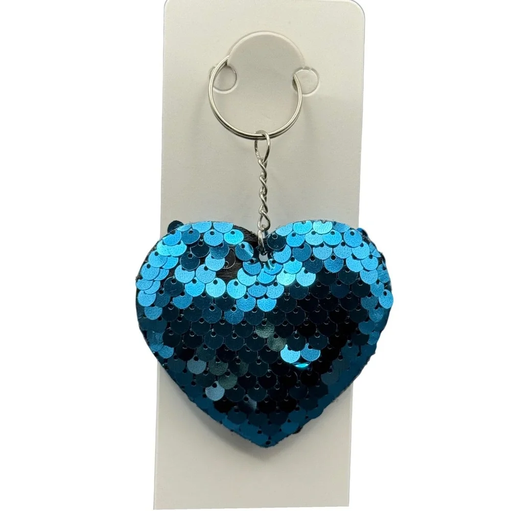 Blue Sequin Heart Keychain Reversible Flip‎ Sparkle Bag Charm New
